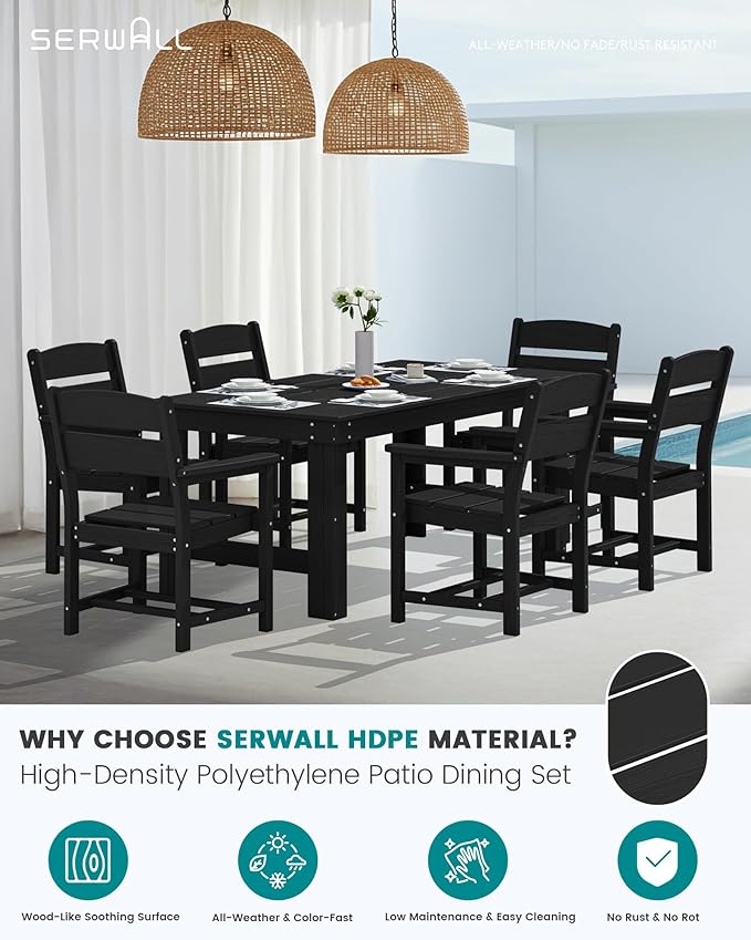 SERWALL Outdoor Dining Table Set, 67‘’ HDPE Patio Dining Set for 4, All-Weather Outdoor Table and Chairs Set for Deck, Black