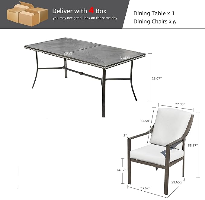 NATURAL EXPRESSIONS 7 Piece Patio Dining Table Outdoor Furniture Set for 6, 6Pcs Fixed Dining Chairs with Olefin Cushions, 65”Large Dining Table with Umbrella Hole