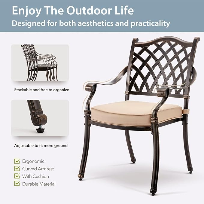 9-Piece Cast Aluminum Patio Furniture, Outdoor Dining Sets for 8 Include 87" Rectangular Patio Dining Table and 8 Stackable Chairs with Cushions & Umbrella Hole (Bronze)