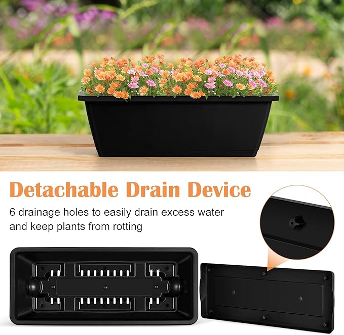 ETELI Railing Planter Hanging and Planter Box Brackets Set 6 Pack Adjustable Deck Window Boxes Planters with Drainage Holes for Garden Railing Fence, Black