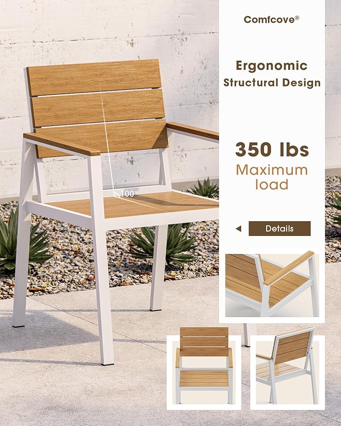 Outdoor Patio Dining Set, Aluminum & HDPS 5 Piece Outdoor Table and Chairs Set with Umbrella Hole, Modren Rectangular Patio Furniture Set with All-Weather Table and 4 Chairs (White & Teak)