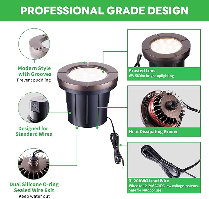 Ground Well Lights, Landscape LED Low Voltage Inground Lights, Outdoor Waterproof IP67, 12V Wired Aluminum ORB for Backyard Wall 6W 580LM 8 Pack