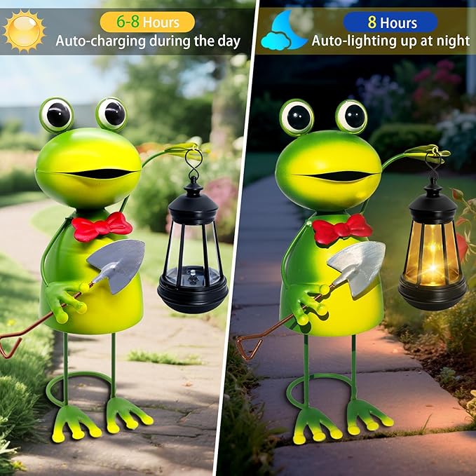 Solar Garden Lights Frog Statue,13.78in Tall Frog with Lantern Waterproof, Birthday Gifts for Women Mom Grandma, Big Metal Frog Stakes Decorative for Home Front Patio Balcony Yard Art Lawn