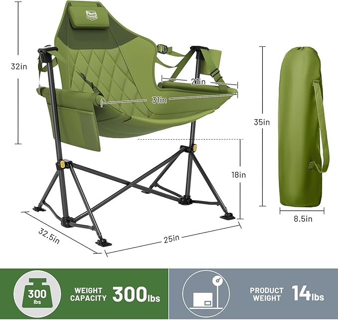 TIMBER RIDGE Hammock Camping Chair with Adjustable Backrest, Heavy Duty Folding Hammock Chair Supports 300lbs, Portable Hammock Chair for Camping, Travelling and Patio, Green