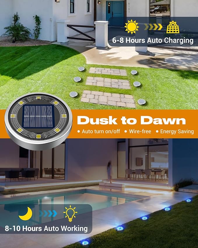 btfarm 16 Pack Solar Lights Outdoor, 8 LED Solar Ground Lights IP65 Waterproof Flat Solar Disc Light, Pathway Lights for Garden Lawn Patio Yard Path Landscape, Blue