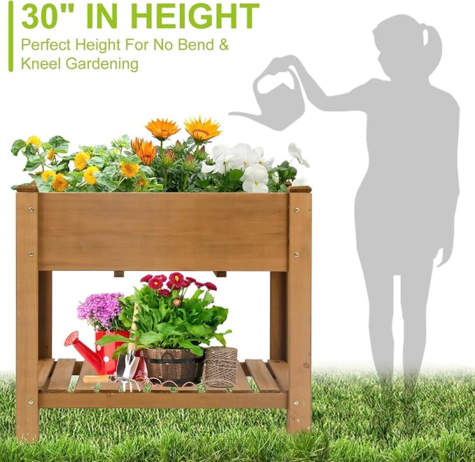Raised Garden Bed with Legs - Elevated Wooden Planter Box, Durable Fir Wood, Reinforced Frame with Drainage Holes, Liner, and Storage Shelf for Vegetables, Herbs, Flowers, 33.5" x 18" x 30"