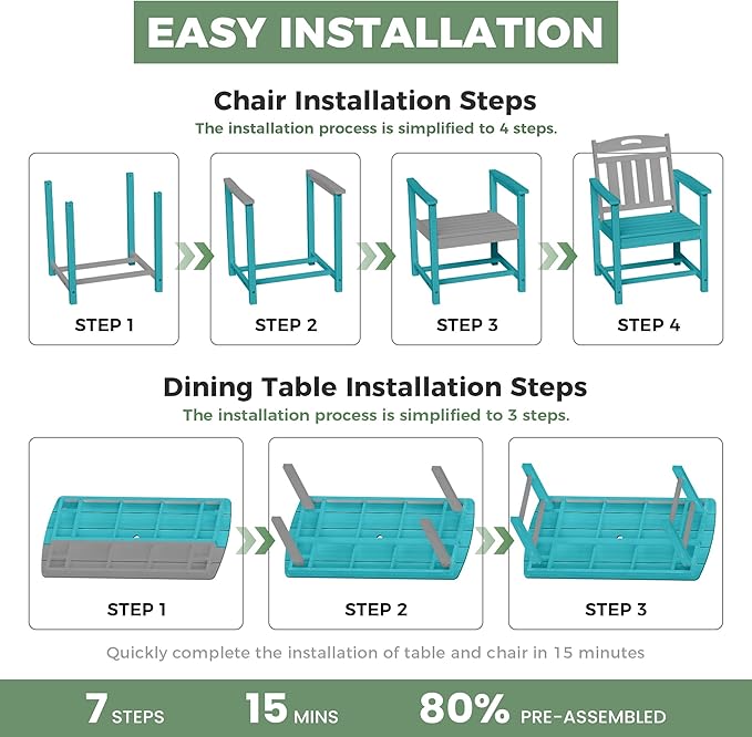 HDPE Outdoor Dining Set, Patio Table and Chairs Set, All-Weather 7-Piece Outside Table and 6 Chairs, 2" Umbrella Hole, Outdoor Furniture for Garden, Poolside, Backyard, Deck | Lake Blue