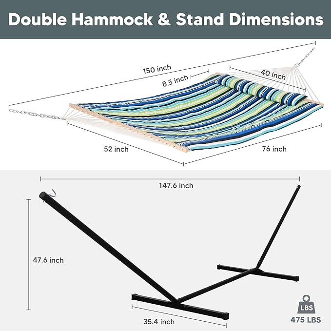 SUNCREAT Hammocks Double Cotton Rope Hammock with Polyester Pad, Heavy Duty Hammock with Steel Stand, Blue&Green
