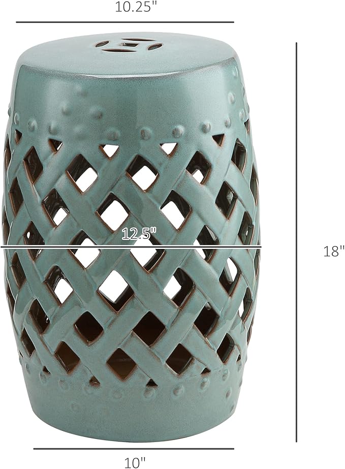 Outsunny 13" x 18" Ceramic Garden Stool with Woven Lattice Design & Glazed Strong Materials Decorative Outdoor Stool, Antique Blue