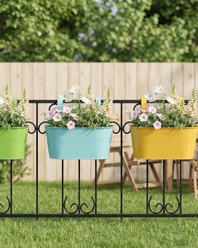 Railing planter box - 3 Pack Metal Hanging Flower Pots with Detachable Hooks & Drainage Holes, Window Oval Bucket Fence Hanging Planters for Outdoor Plants Garden Balcony Home Decor, Green Orange Blue