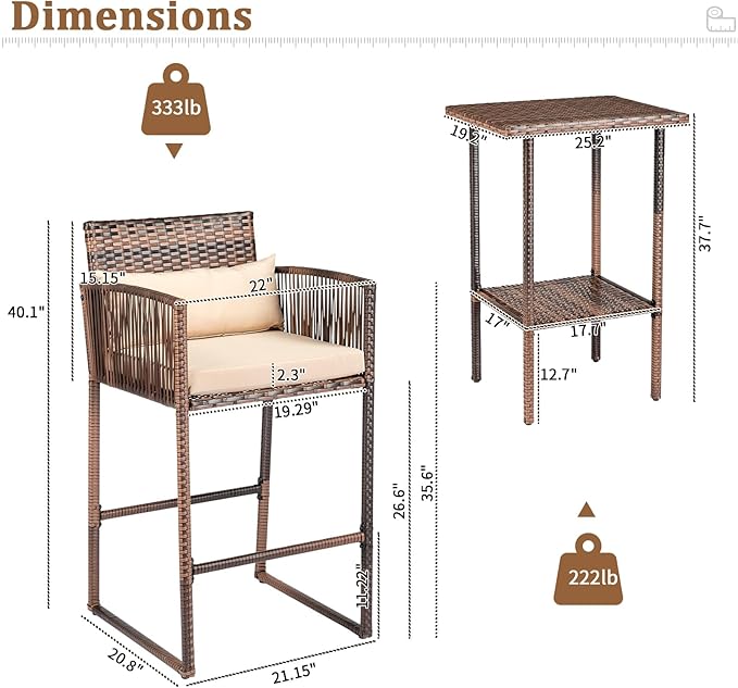 VINGLI 3 PCS Patio Bar Set Wicker, Outdoor Bar Table and Bar Stools with Storage Shelf and Cushions, Bar Height Outdoor Table and Chairs Wicker Furniture