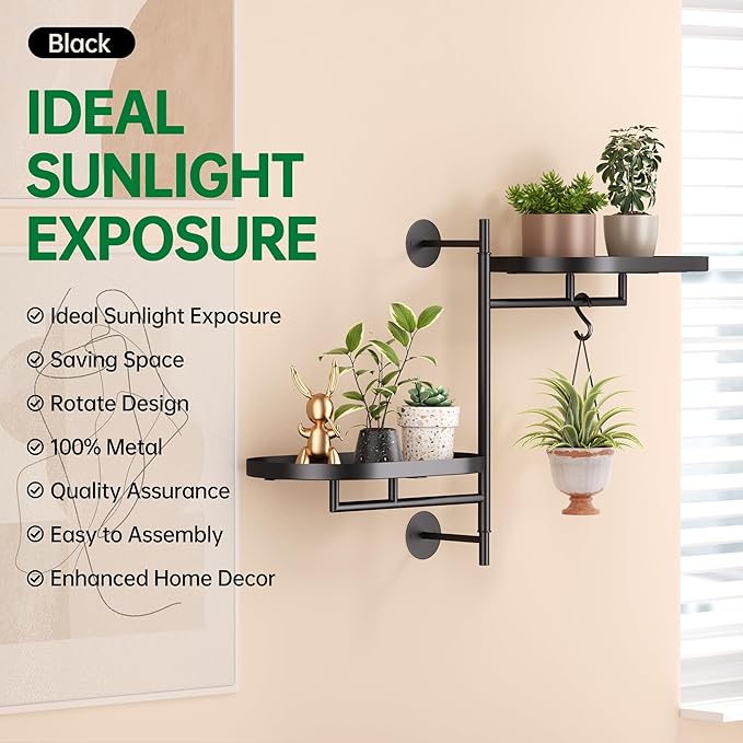 Rotating Window Shelves for Multiple Plants Indoor,2-tier Metal Corner Black Plant Stand Holder Floating Hanger Shelf for Wall，Windows Sill Gifts for Planter Lover to Enhance Home Decor