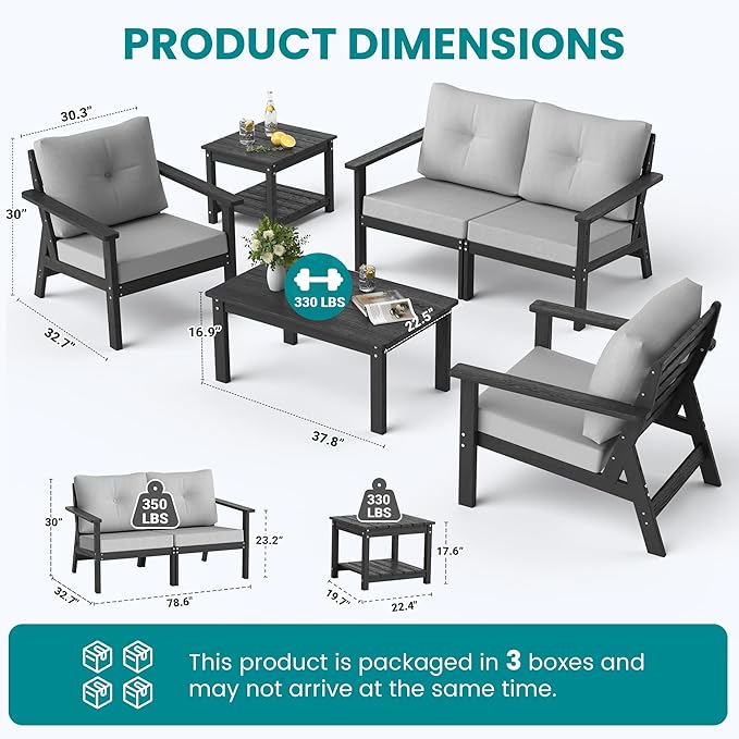 6-Piece HDPE Patio Furniture Set, Outdoor Sectional Sofa Set,All Weather Outdoor Couch with Dust-Free Cushions, Durable Patio Conversation Sets for Balcony, Porch, Black