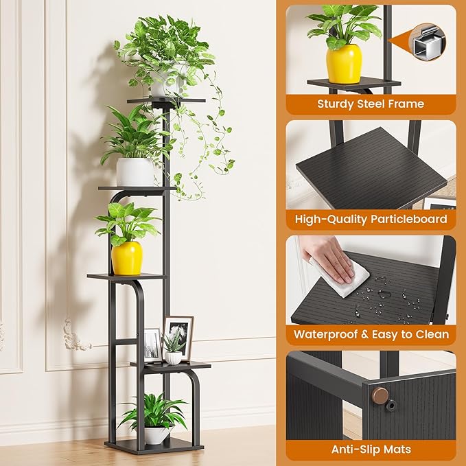 5 Tier Plant Stand Indoor, Plant Shelf for Multiple Plants, Flower Pot Holder Shelf, Planter Display Rack for Patio Garden Balcony Living Room Bedroom Decor, Black