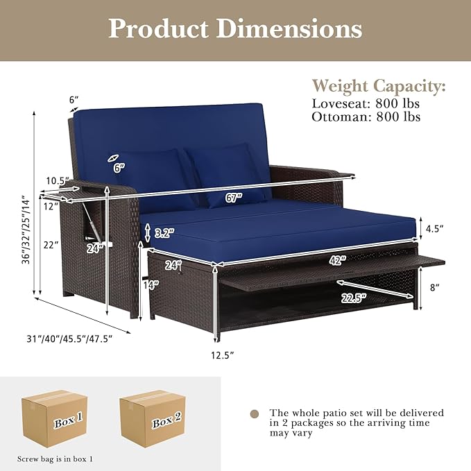 Tangkula Patio Rattan Daybed with 4-Level Adjustable Backrest, Outdoor PE Wicker Loveseat with Storage Ottoman & Folding Side Tray, Double Sunbed Lounger for Balcony, Backyard & Poolside, Navy & Brown