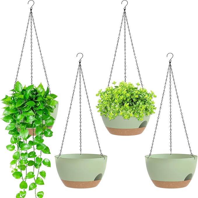 8 Inch Hanging Planters for Indoor Outdoor Plants, 4 Pack Green Brown Plastic Self Watering Hanging Baskets with Drainage Holes and Chain for Garden Porch