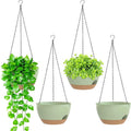 8 Inch Hanging Planters for Indoor Outdoor Plants, 4 Pack Green Brown Plastic Self Watering Hanging Baskets with Drainage Holes and Chain for Garden Porch