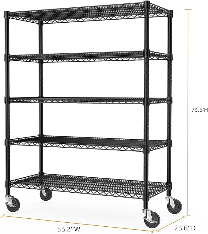 53" W Garage Shelving 5 Tier Industrial 2200LBS Metal Shelving Units for Commercial, Basement, Pantry, Warehouse, School, Black Heavy Duty Easy Assembly 53.2" W x 23.6" D x 73.6" H