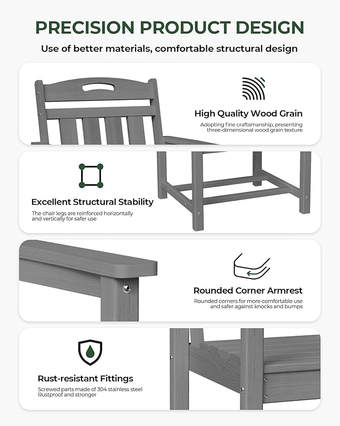 Patio Chairs Set of 2, HDPE Outdoor Dining Chairs with Wide Seat, All Weather Oversized Porch Chair for Garden, Backyard, Deck - Grey
