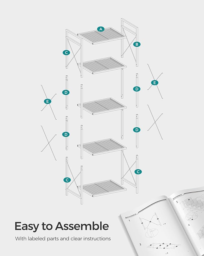 SONGMICS 5-Tier Metal Storage Rack, Shelving Unit with X Side Frames, Dense Mesh, 12.6 x 15.7 x 57.3 Inches, for Entryway, Kitchen, Living Room, Bathroom, Industrial Style, Ink Black UBSC145B01