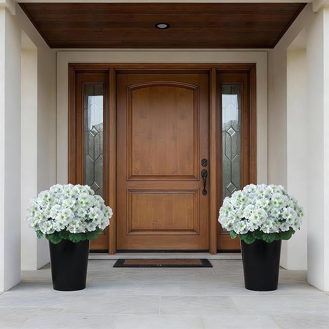 2 Pack Artificial Geranium Flowers Topitary Trees for Outdoors, UV Resistant Geraniums Potted Bushes Look Real Silk Faux Plants for Front Door Garden Porch Planter Farmhouse Home Decor (White)
