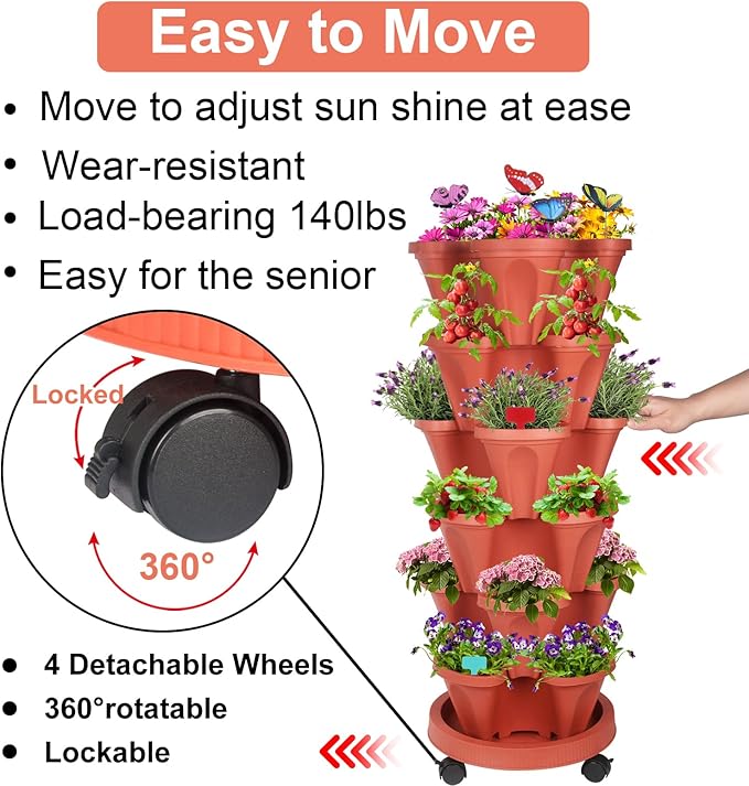 GameXcel Vertical Planter, 6 Tier Stackable Strawberry Planter with Garden Tool Set, Movable Indoor/Outdoor Garden Herb Pot for Growing Vegetables and Succulents, Red