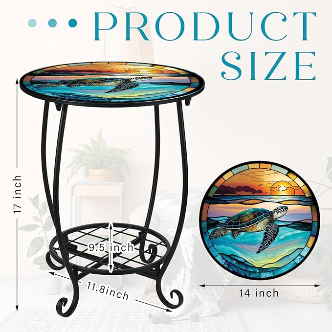 Outdoor Side Table Round Small Mosaic Patio Accent Indoor End Plant Coffee Tea Table for Yard Patio Porch Garden Living Room, Bedroom(Turtle Style,14 Inch)