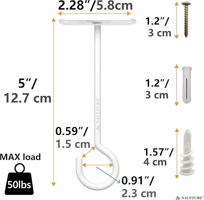NACETURE Ceiling Hooks Heavy Duty 2 Pack - Plant Hooks for Ceiling Hanging Hook for Hanging Basket Hook, Light, Bird Feeders, Wind Chimes Décor Indoor & Outdoor (White, 5 Inch 4 Pack)