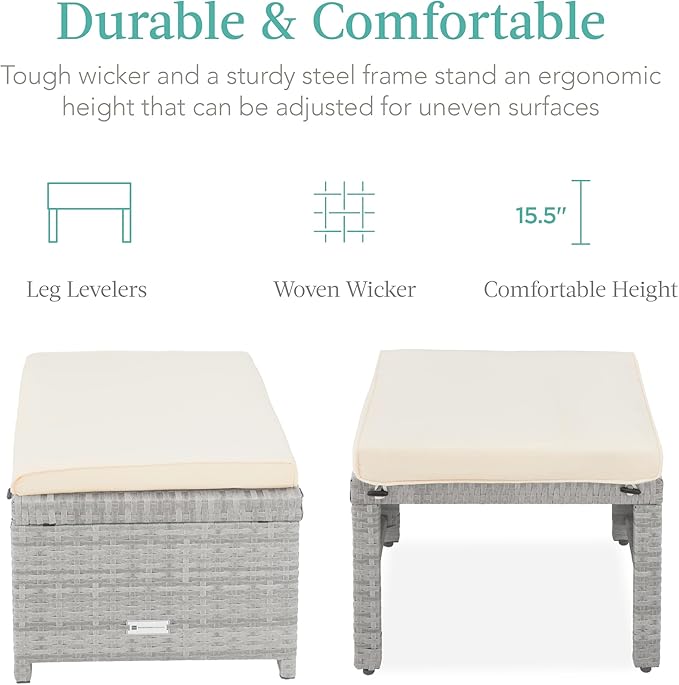 Best Choice Products Set of 2 Wicker Ottomans, Multipurpose Outdoor Furniture for Patio, Backyard, Additional Seating, Footrest, Side Table w/Removable Cushions, Steel Frame - Gray/Cream
