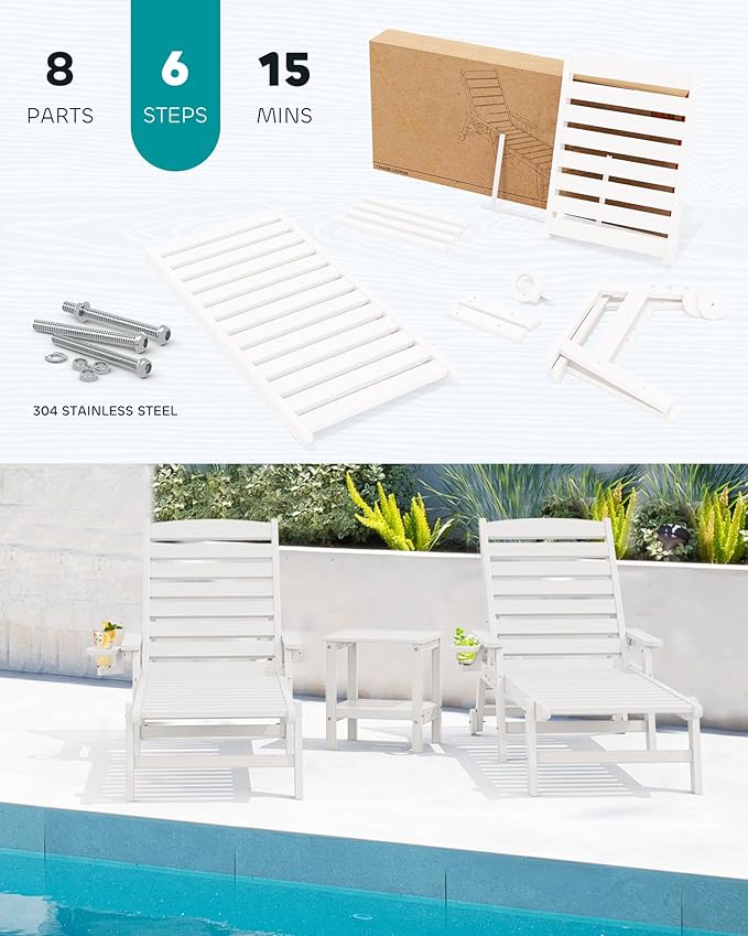 SERWALL Patio Chaise Lounge Chair Set of 2, 78'' Long 5-Positions Adjustable HDPE Outdoor Lounger for Pool, Poly Lounge Chair with Rolling Wheels & Cup Holder for Poolside, Deck, White