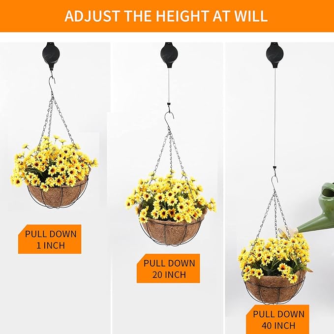 4PCS Plant Pulley Retractable Pulley Plant Hanger Hanging Flower Basket Hook Adjustable Retractable Plant Pulley Hangers - Versatile Height Hooks for Hanging Baskets, Flower Pots, and Bird Feeders