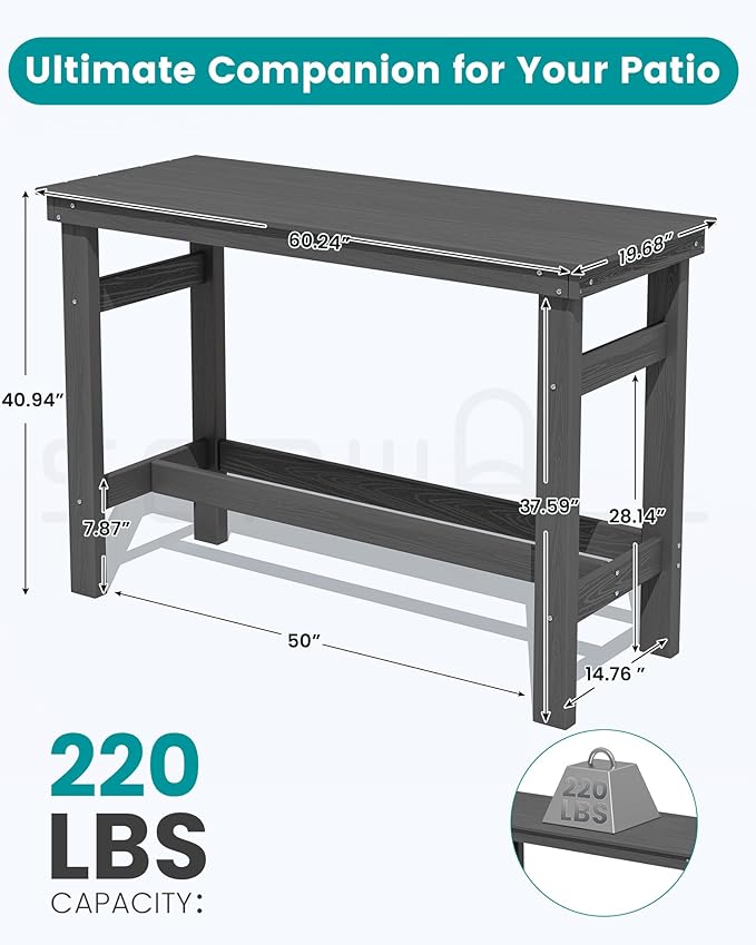 SERWALL 41" Outdoor Bar Table with 1.6" Umbrella Hole, HDPE Patio Bar Counter Height Table, All-Weather Rectangle Bar Table for Backyard, Garden, Poolside, Balcony - Grey