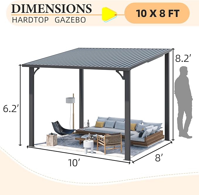 AECOJOY 10'x8' Pergola Hardtop Outdoor Gazebo for Patio, Small Heavy Duty Lean to Metal Pergolas and Gazebos Clearance, Wall-Mounted Grill Gazebo Galvanized Steel Patio Roof Awnings for Patio, Decks