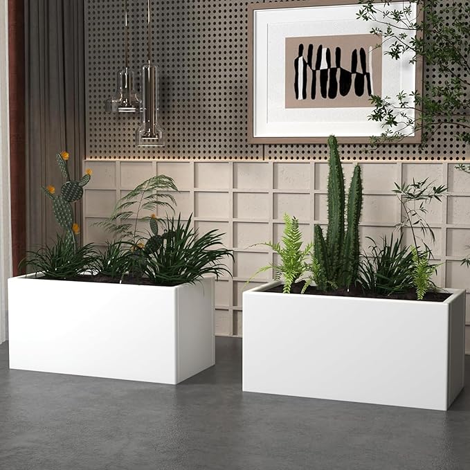 White Steel Planter Rectangular Outdoor Indoor Planter Box Galvanized Steel Metal 32" L x 16" W x 16" H Large Planters Flower Pot Modern Commercial Residential for Trees Patio Yard Garden