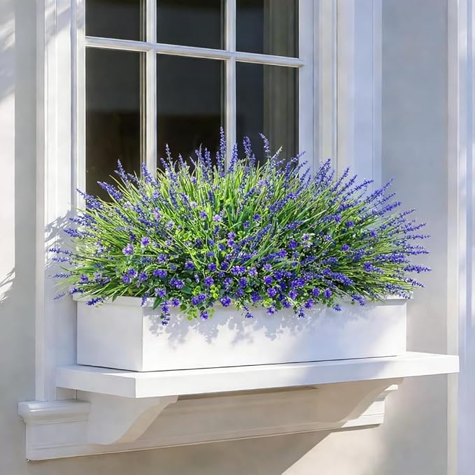 HyeFlora 20 Bundles Artificial Fake Outdoor Plants Flowers for Spring Decoration, UV Resistant Realistic Purple Plastic Flowers Faux Plant Monkey Grass for Planter Home Garden Porch Patio Window Box