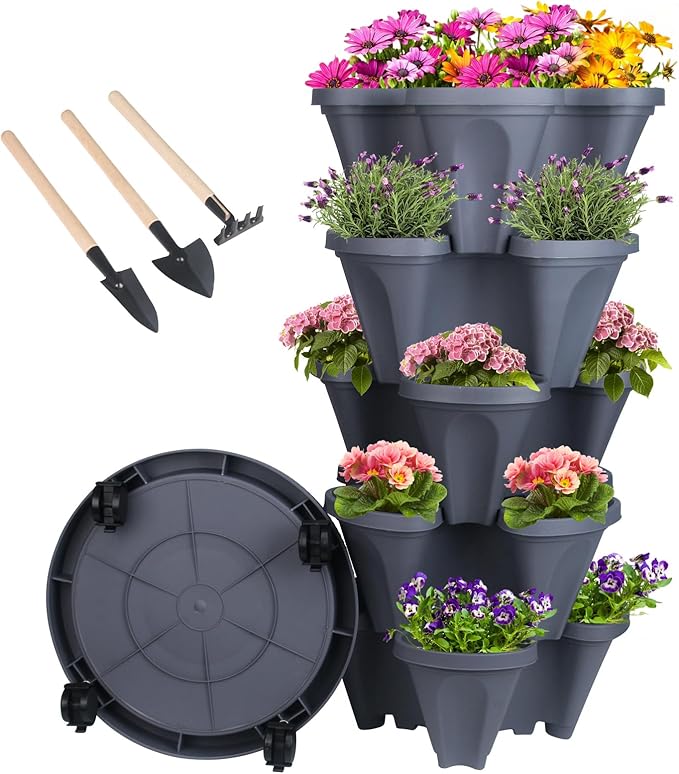 GameXcel Vertical Planter 5 Tier Stackable Planters Garden Planters Strawberry Herb Flower and Vegetable Planter Indoor Outdoor Gardening Pots with Removable Wheels and Tools