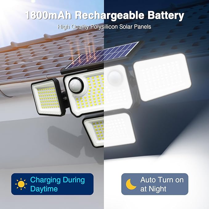 4500LM Solar Lights Outdoor Waterproof, 254 LED Solar Flood Lights Outdoor with 2 Motion Sensor, 4 Heads Security Light with Remote Control for Yard Outside House Garage 4 Pack