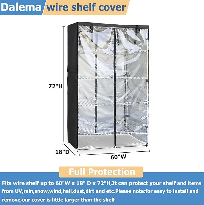 Waterproof Shelf Cover,Outdoor 600D Heavy Duty Dustproof Storage Shelves Cover,60''x18''x72'' Shelf Covers for Wire Shelving with Zippers,Storage Rack Covers with Clear Front