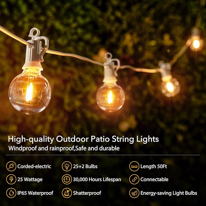 Brightown Outdoor String Lights, 50FT 25 G40 Bulbs Shatterproof Patio Lights, IP65 Waterproof Dimmable Hanging Connectable Globe LED Outdoor Lights for Backyard, Bistro, Porch, Deck, Balcony, White