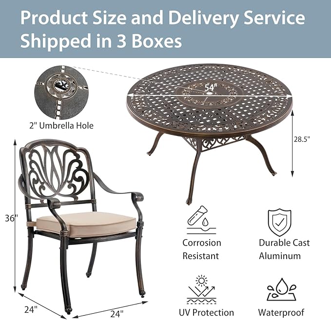 5-Piece Cast Aluminum Patio Furniture, Outdoor Dining Sets for 4 Include 54" Round Patio Dining Table and 4 Stackable Chairs with Cushions & Umbrella Hole (Bronze)