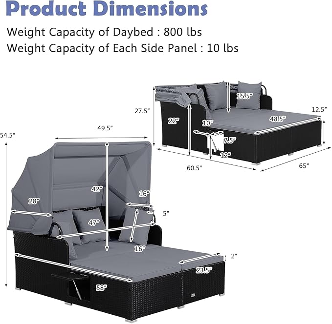 Tangkula Patio Rattan Daybed with Retractable Canopy, Outdoor Wicker Sunbed Lounger with 2 Foldable Side Tables, Thick Seat & Back Cushions, Outside Double Daybed for Garden, Backyard, Porch (Grey)