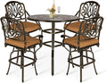 VIVIJASON 5-Piece Patio Swivel Bar Stools Set, All Weather Cast Aluminum Outdoor Bar Height Bistro Set with 4 Cushioned Bar Chairs & 38.5" High Bar Table w/Umbrella Hole for Backyard, Lawn, Garden