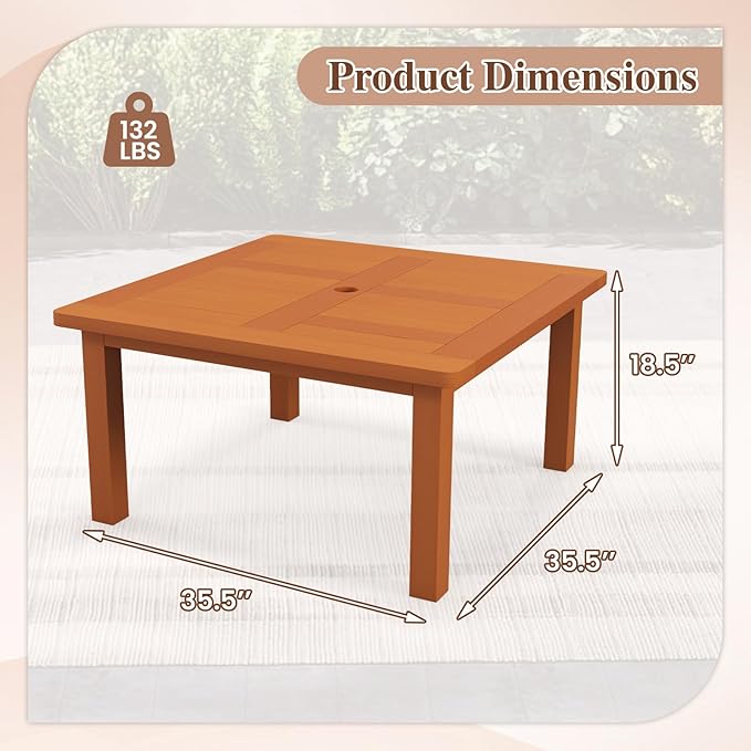 Tangkula Patio Coffee Table with Umbrella Hole, 35.5 Inches Outdoor Solid Square Wood Side Table with Slatted Tabletop & Teak Oil Finish, for Yard, Balcony, Deck