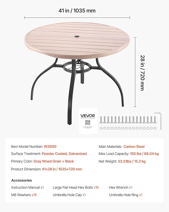VEVOR Outdoor Patio Dining Table, 41 inch Round Wood-Like Steel Slat Backyard Bistro Coffee Tables for 4, with 1.5 in Umbrella Hole, Outside All-Weather Large Furniture for Lawn Garden Porch