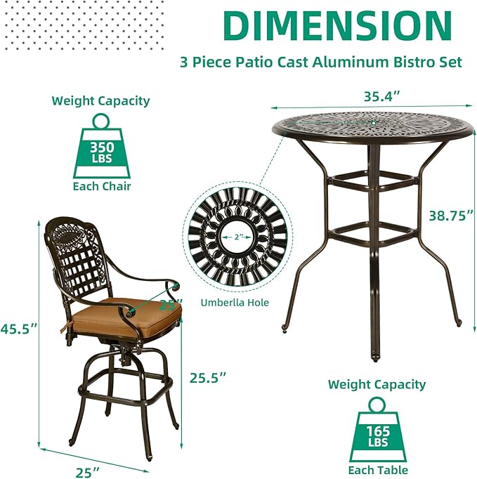 VIVIJASON 3-Piece Patio Swivel Bar Stools Set, All Weather Outdoor Cast Aluminum Bar Height Bistro Set with 2 Cushioned Bar Chairs & 35.4" High Bar Table w/Umbrella Hole for Backyard, Lawn, Garden