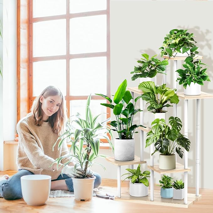 7 Tier Plant Stand Indoor, Thickened Metal Wood Corner Plant Shelf Stands for Multiple Plants, Indoor Tall Plants Stand Tiered Flower Holder for Living Room Patio Garden Balcony(White+Oak)