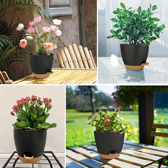 Self Watering Planters with Drainage Holes Reservoir,Nursery Planting Pot for Indoor Decor Garden Plants Succulents,Snake Plant, African Violet,Plastic Flower Pots Set 7+6.5+6+5.5+5 Inch (Black)