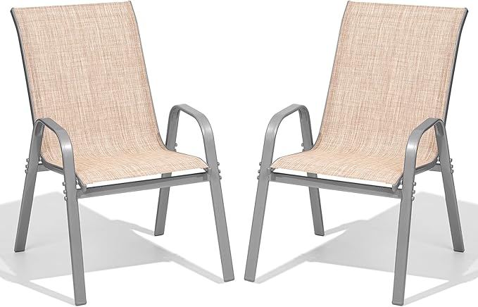Patio Chairs Set of 2, Easily Set Up Stackable Outdoor Dining Chairs with High Back and Wide Seat, All Weather Breathable Outdoor Chairs Set of 2 with Metal Frame for Backyard Deck Pool, Beige