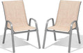 Patio Chairs Set of 2, Easily Set Up Stackable Outdoor Dining Chairs with High Back and Wide Seat, All Weather Breathable Outdoor Chairs Set of 2 with Metal Frame for Backyard Deck Pool, Beige