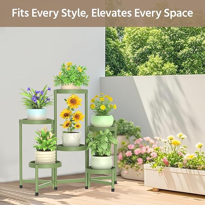 LASZOLA 6 Tiered Folding Plant Stand Indoor for Multiple Large Planter, Tall Heavy Duty Adjustable Rack with Rust Proof Plastic Shelving, Sturdy Vertical Tree Organizer for Narrow Inside Floor, Green